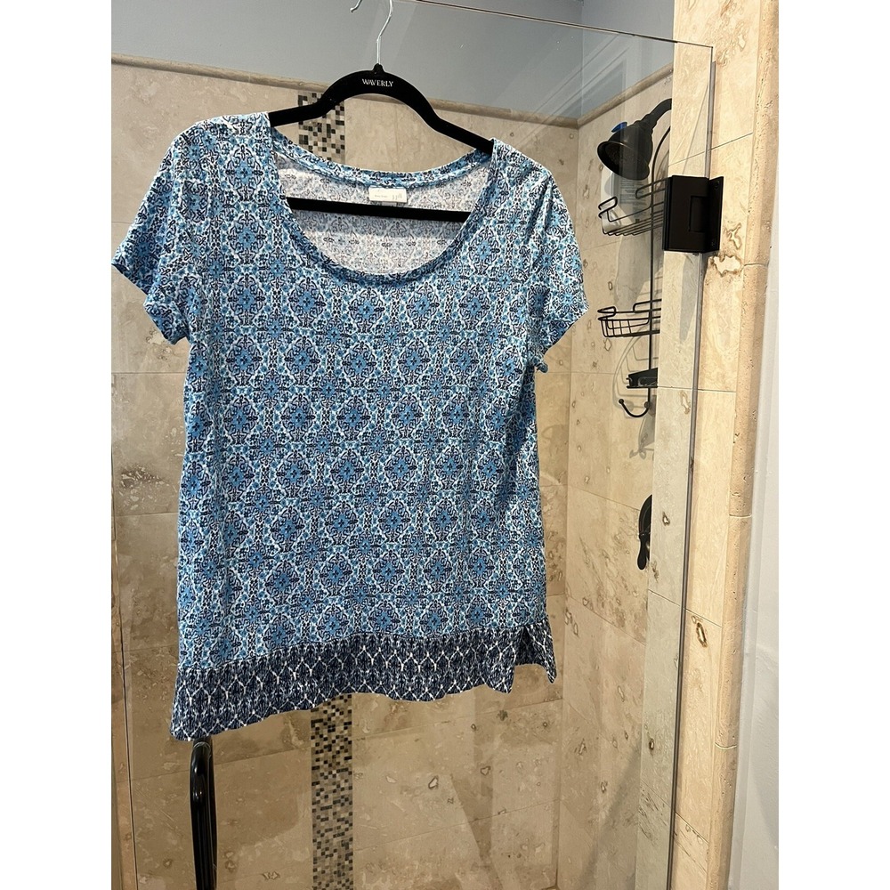 J.Jill Love Linen Top Trellis Blue White S Short Sleeve Batik Print 100% Linen